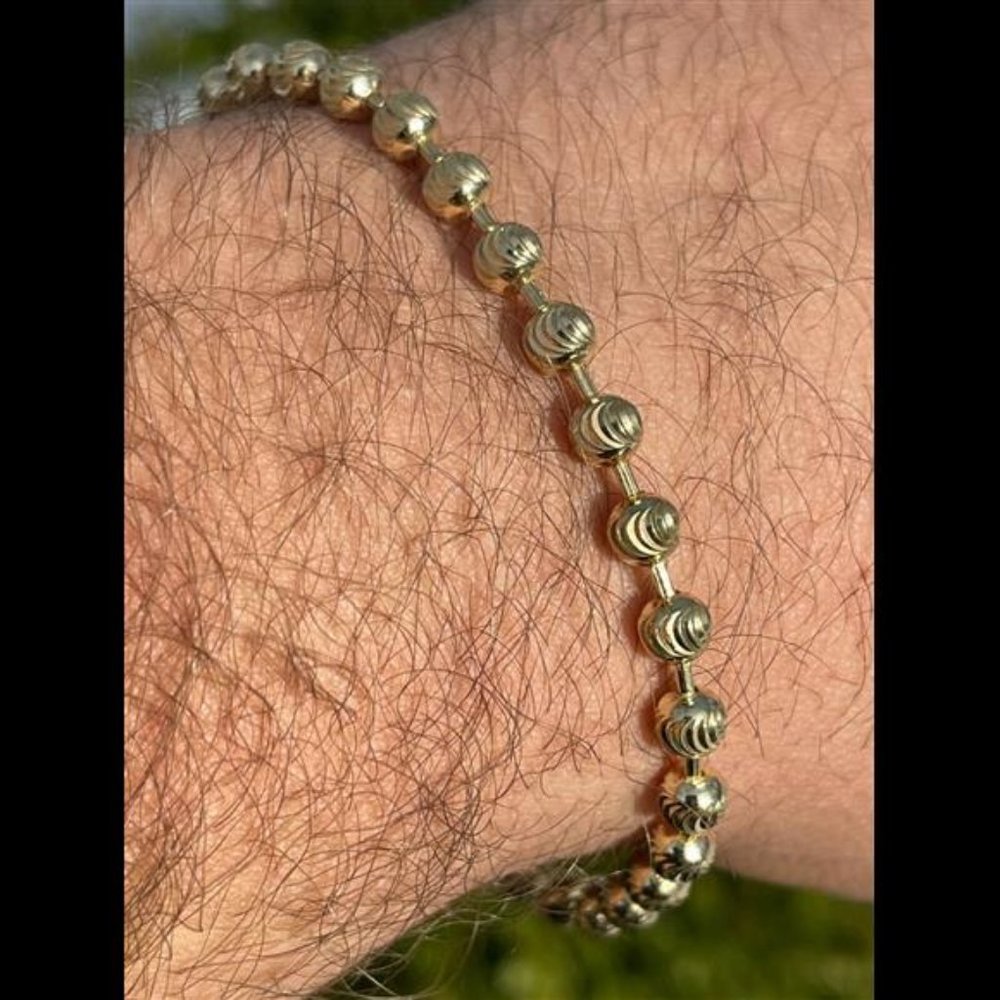 Solid 925 Sterling Silver & 14k Gold Plated Ball Moon Diamond Cut Bracelet 5mm